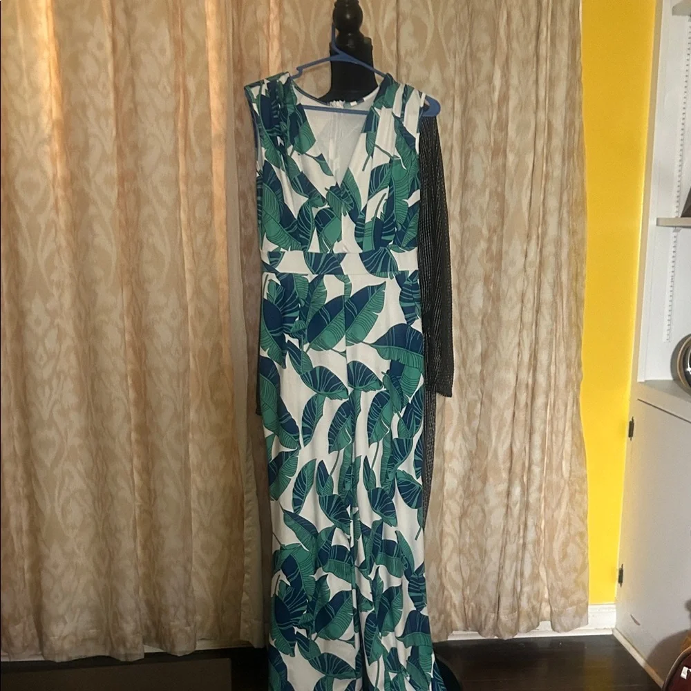 Tropical Green Leaf Print jumpsuit - Picture 1 of 8